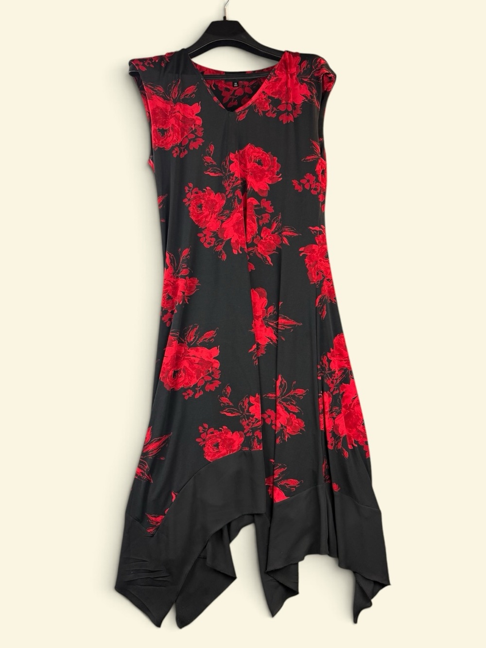 AUW Black & Red Floral Hanky Hem Dress 14 Flowy Romantic